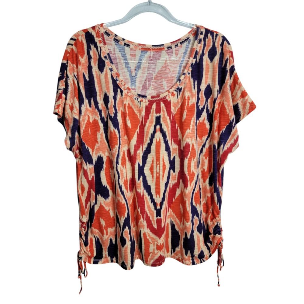 Lane Bryant Womens 18/20 Top Orange Purple Ikat Cotton Slub Ruched Side Tie